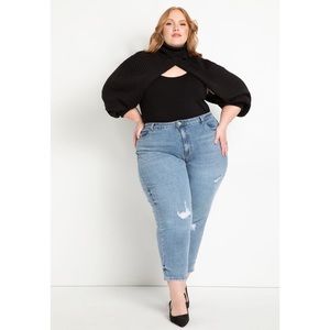 Eloquii Viola Fit Stretch Denim Mom Jean Distressed Ankle High Rise Light